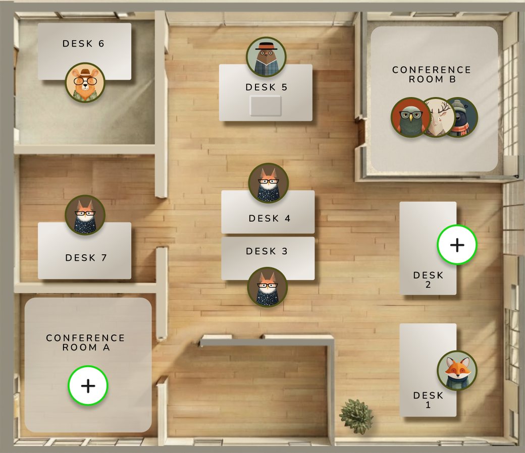 A Gridero office floorplan with desks, rooms, and plants